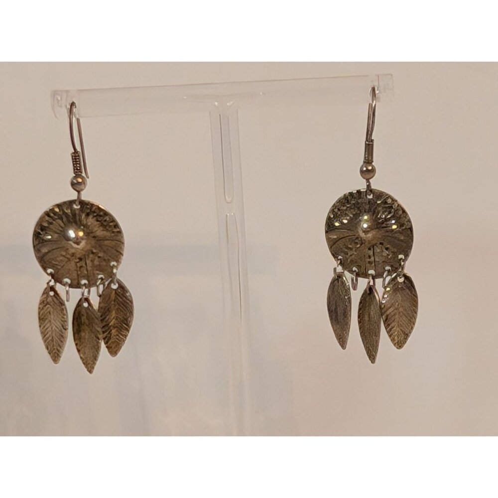 Vintage Taxco Mexican Sterling Silver Dangle Earrings Dreamcatcher Feathers